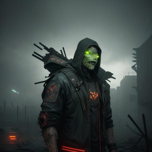 a zombie Ninja Turtle radiating vibrant, ethereal bright neon green and orange hues, its skin torn and decaying, yet still donning a tattere...