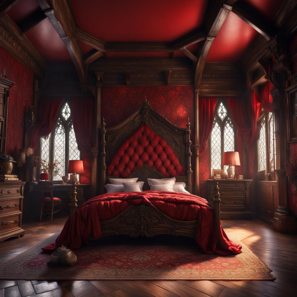 Huge red tudor gothic style bedroom.