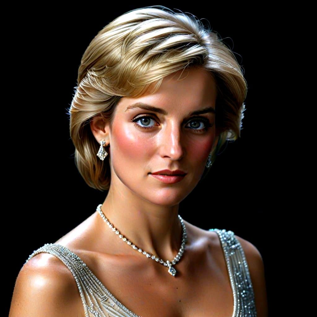 "Hyper-realistic studio portrait of Princess Diana on a solid black canvas background. Photographic quality with sharp focus, natural skin t...