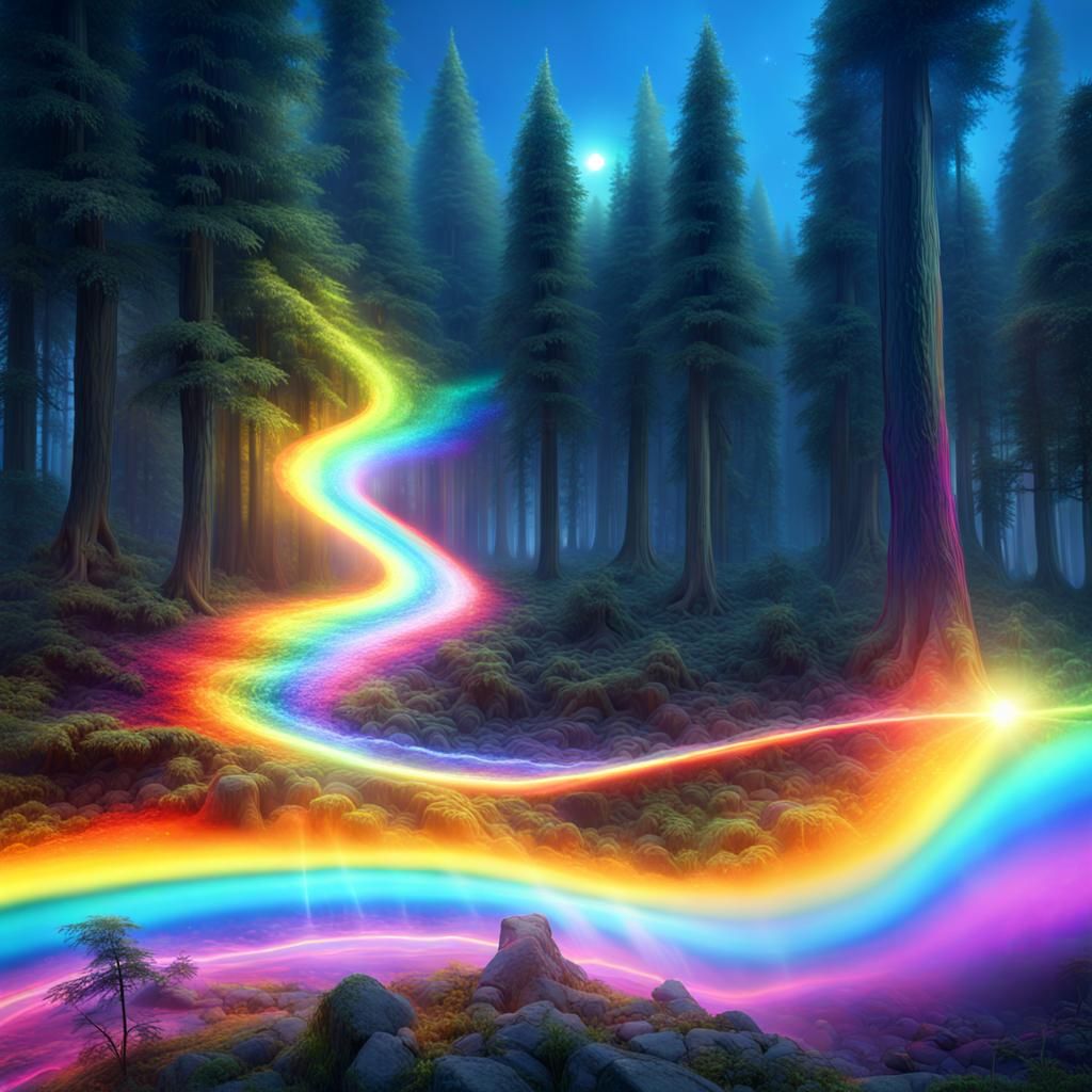 A rainbow winds between the trees - AI Generated Artwork - NightCafe ...