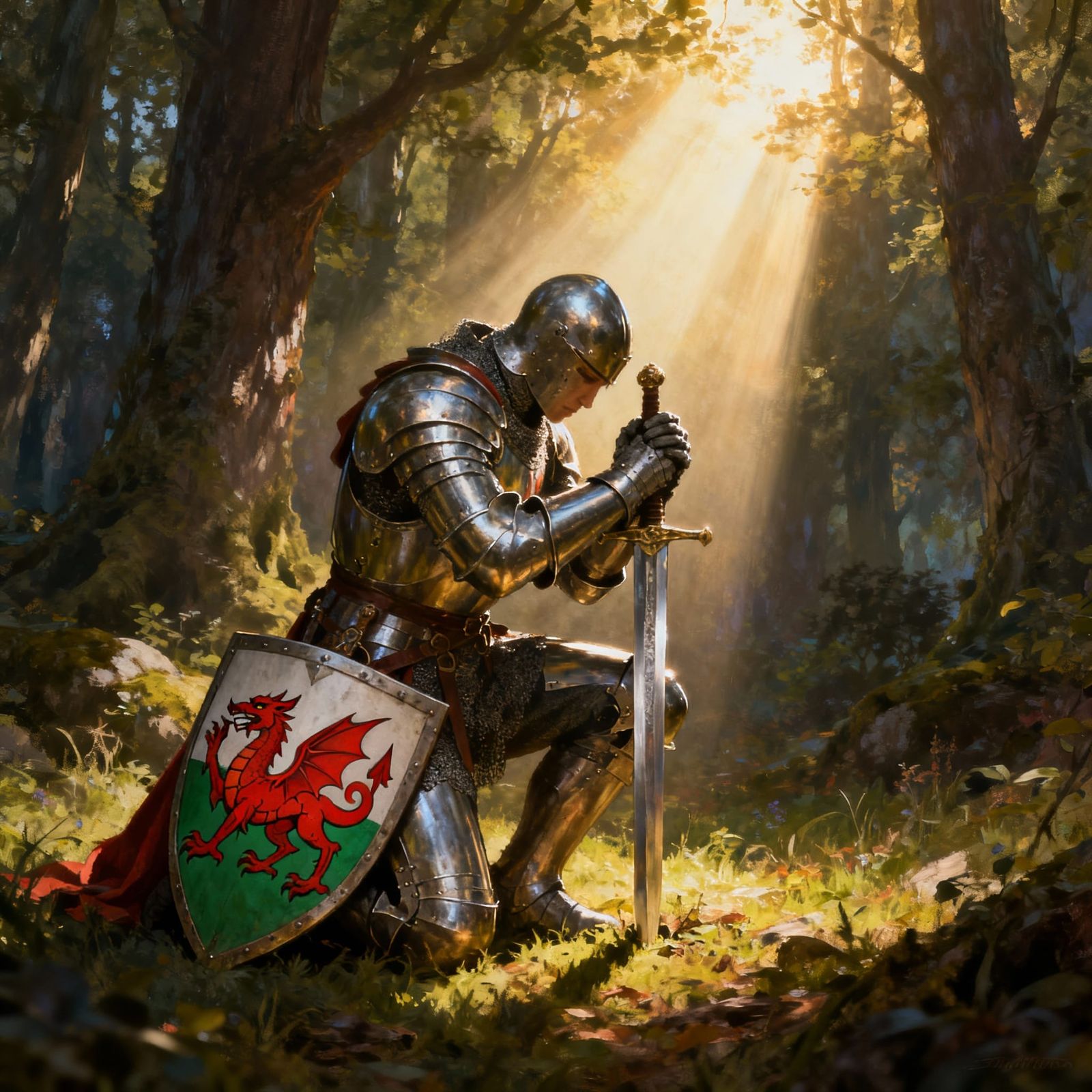 Knight rises to stand proudly upright as a glorious light grows around him