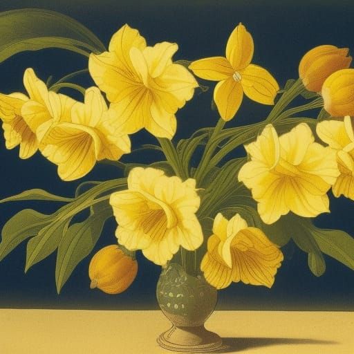 Lithograph of golden flowers in a vase