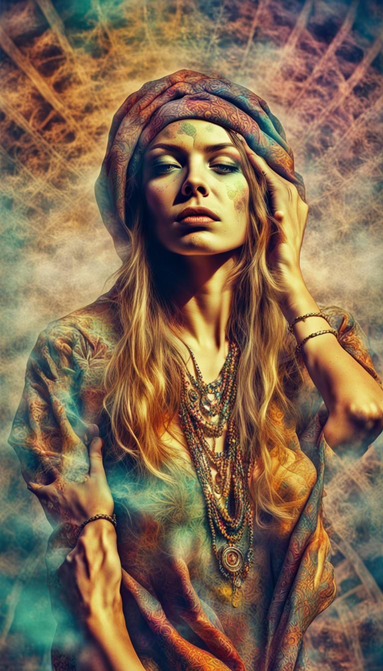 A double exposure of a psycadelic 1960s style hippy woman  s...