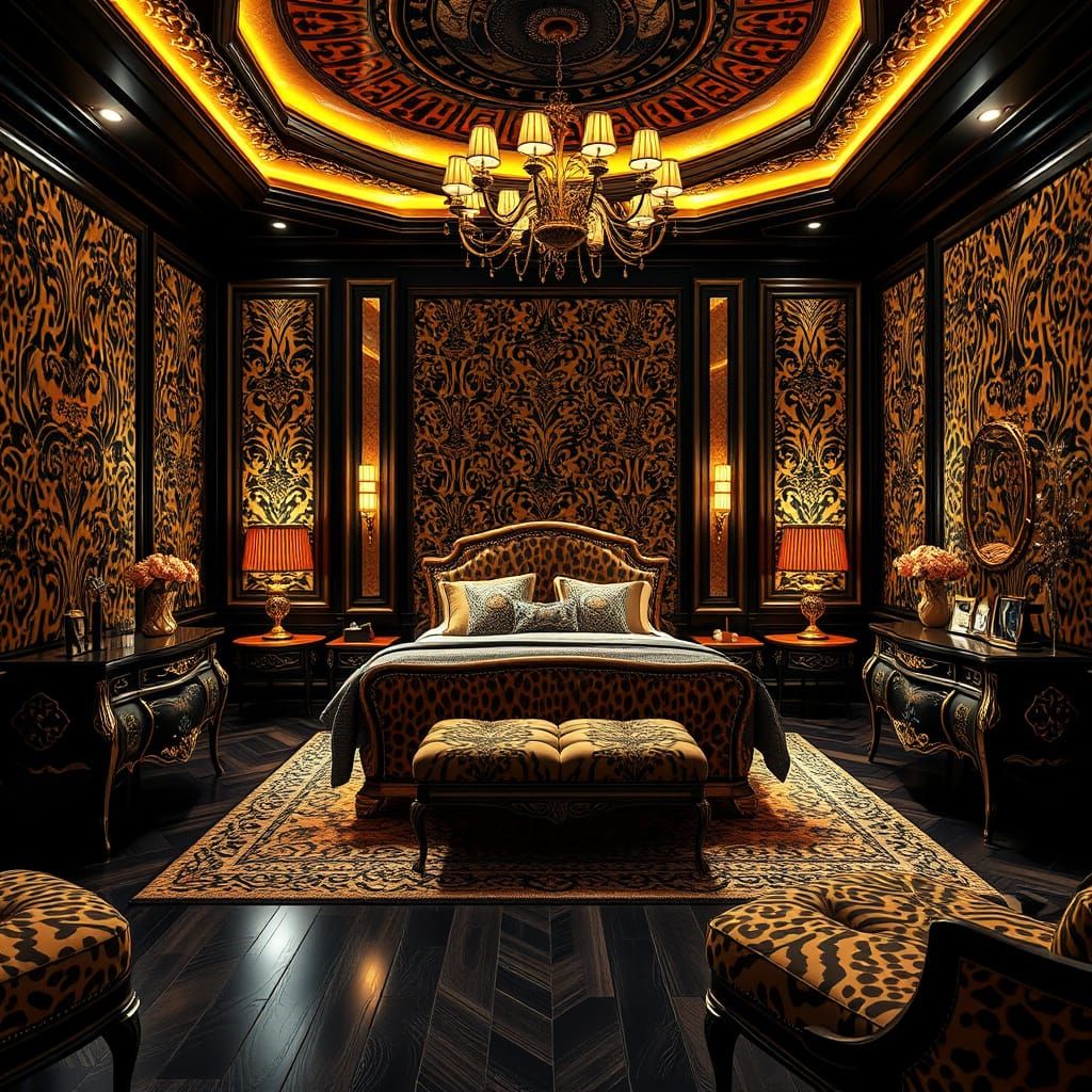 Imagine a master bedroom in leopard print, realistic, stunning, 3D, bright lighting, no humans 