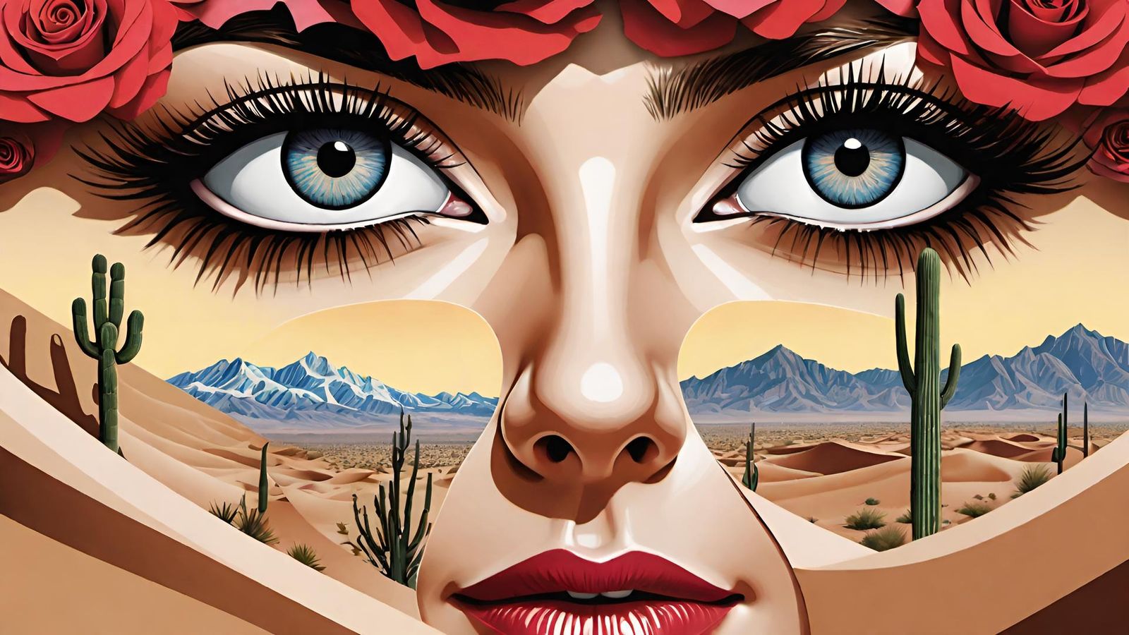 A close woman figure stands in the center of a vast, deser c...