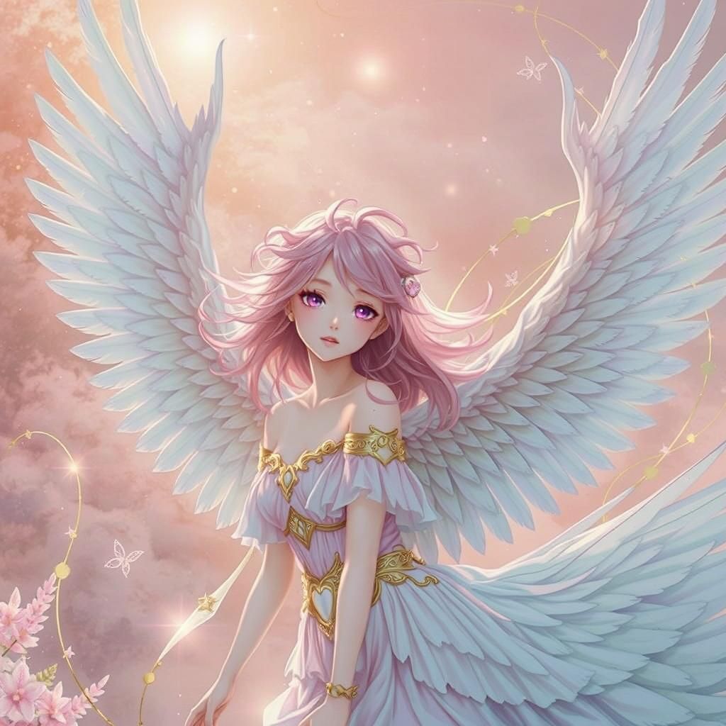 Anime Angel in Pink Gown with Golden Accents