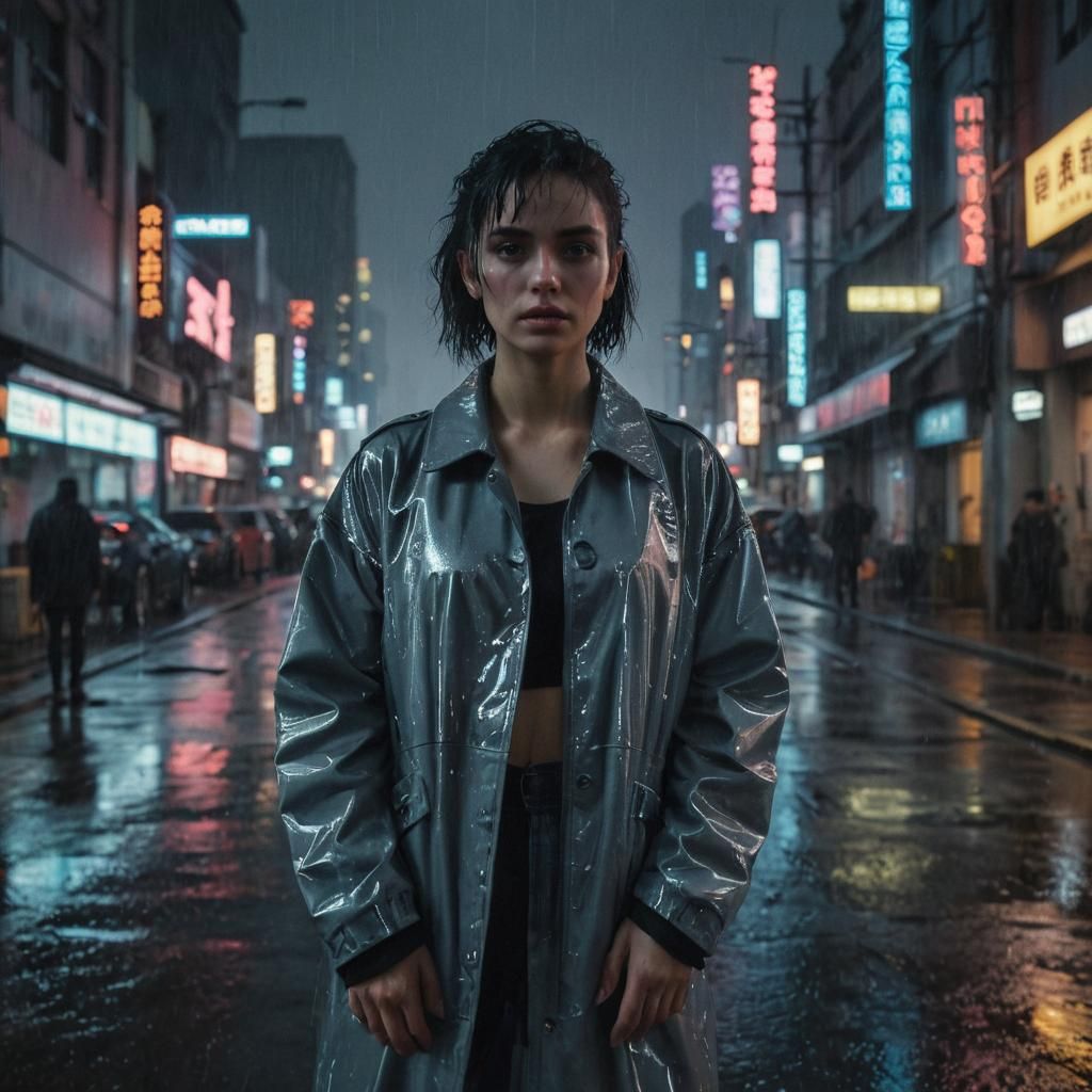 Rainy Cyberpunk Girl in Neotokyo Cityscape