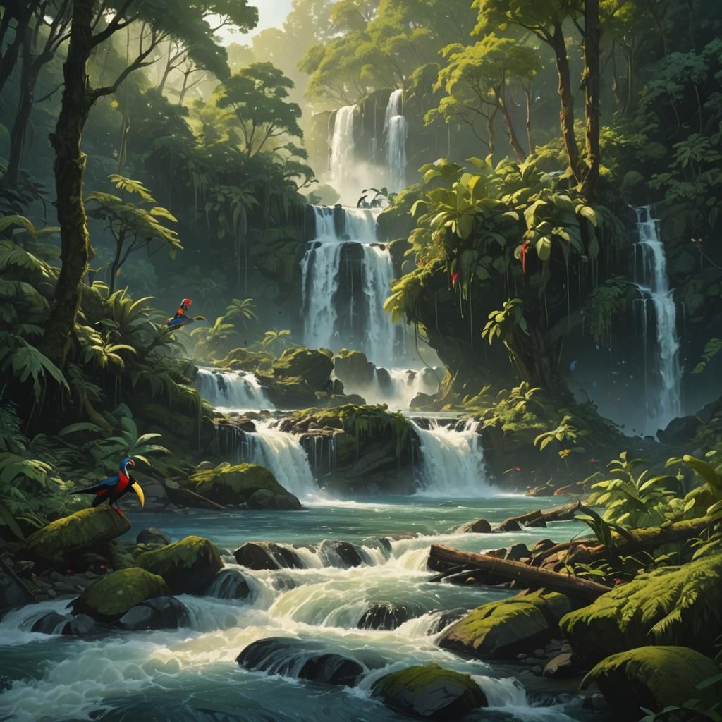 Lush Waterfall Scene with Toucans, Matte Painting