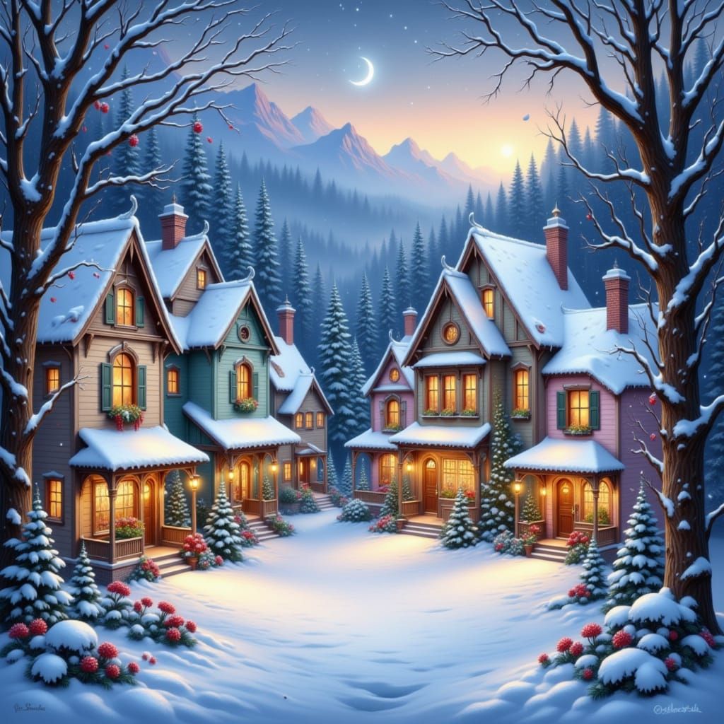 Enchanting Christmas Village in Snowy Forest at Dusk