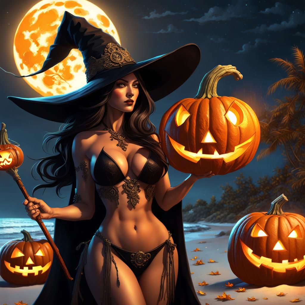 Beautiful Witch using Magic to Carve Jack-O-Lanterns on the beach under a full moon  by @Captain Morgan