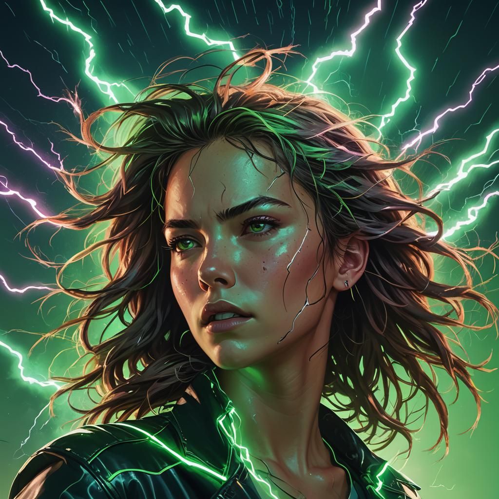 Lightning bolts running through her hair, neon lights, green sky - AI ...