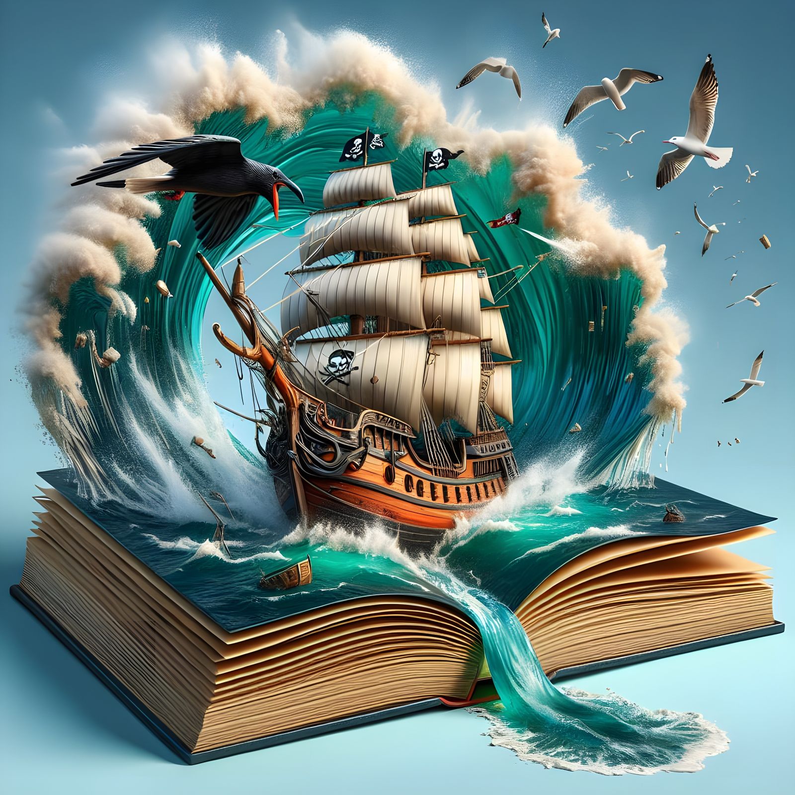 Pirate Ship Emerges from Book: 3D Splash Art