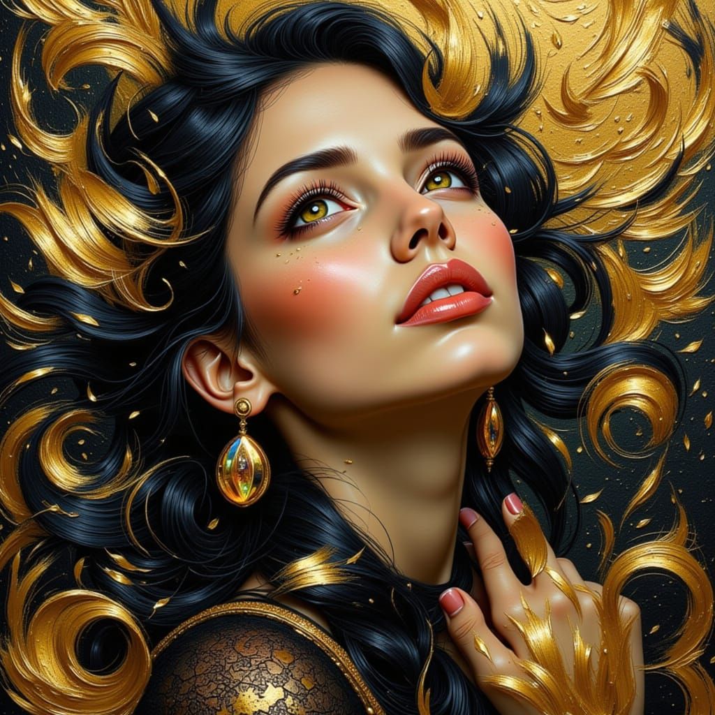 <lora:Goddess Essence:1.0> <lora:Essence of Oil:1.0> A woman's face, eyes open, lost in thought, with an ethereal glow, in a double exposure...