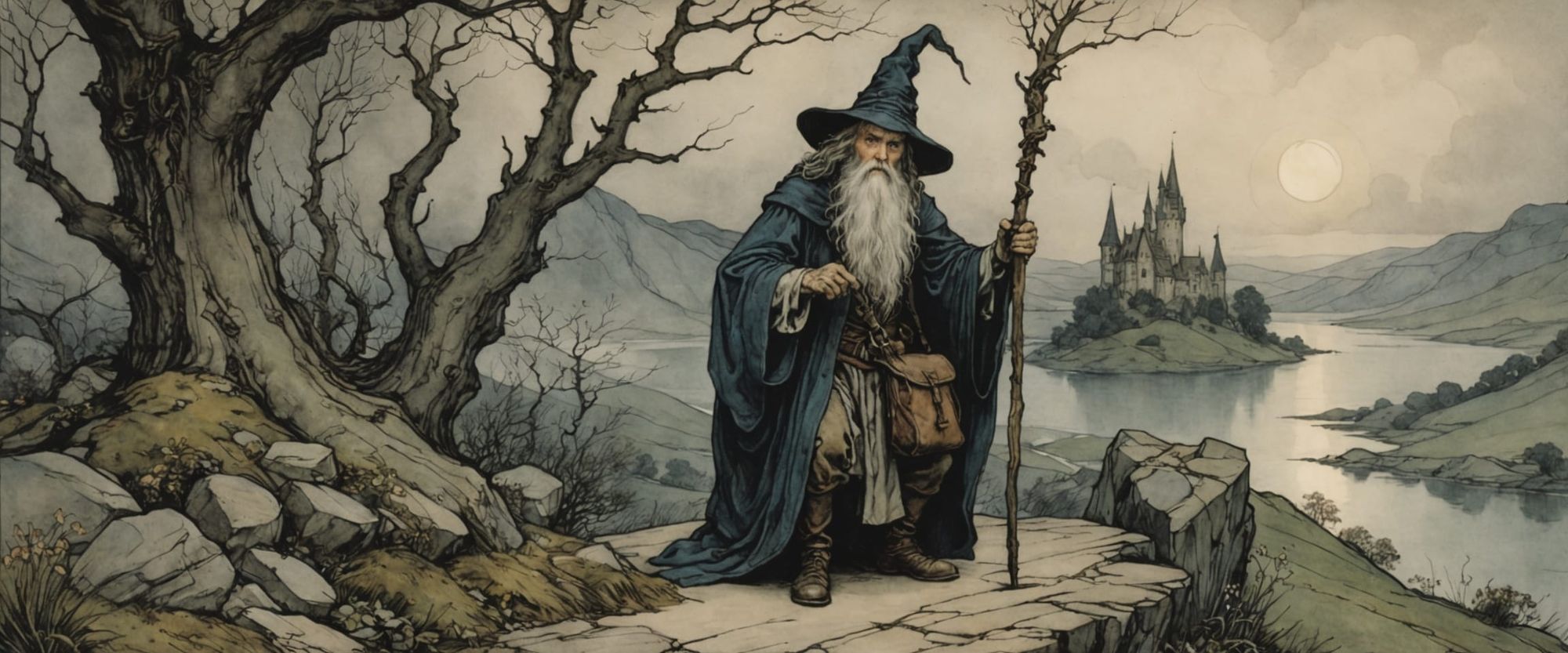The Wizard by Arthur Rackham, sunlight, bright