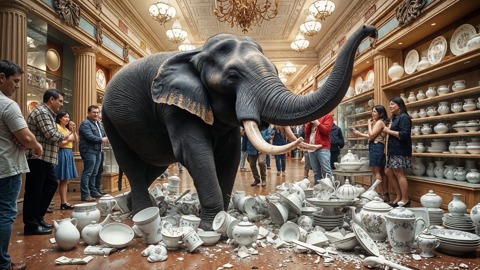 (Comedy photography:1.3) photo of an elephant wreaking havoc inside a china shop, breaking porcelain ...  by @Xuxa