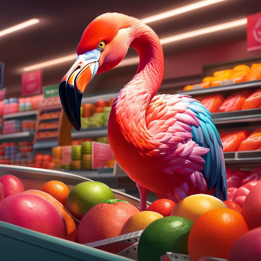 Flamingo as a supermarket cashier