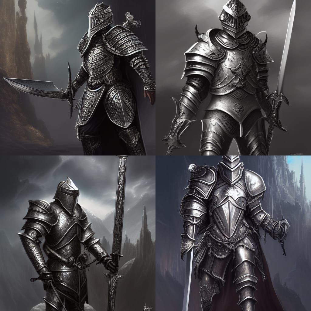 Legendary knight in silver and black engraved armor holding a silver ...