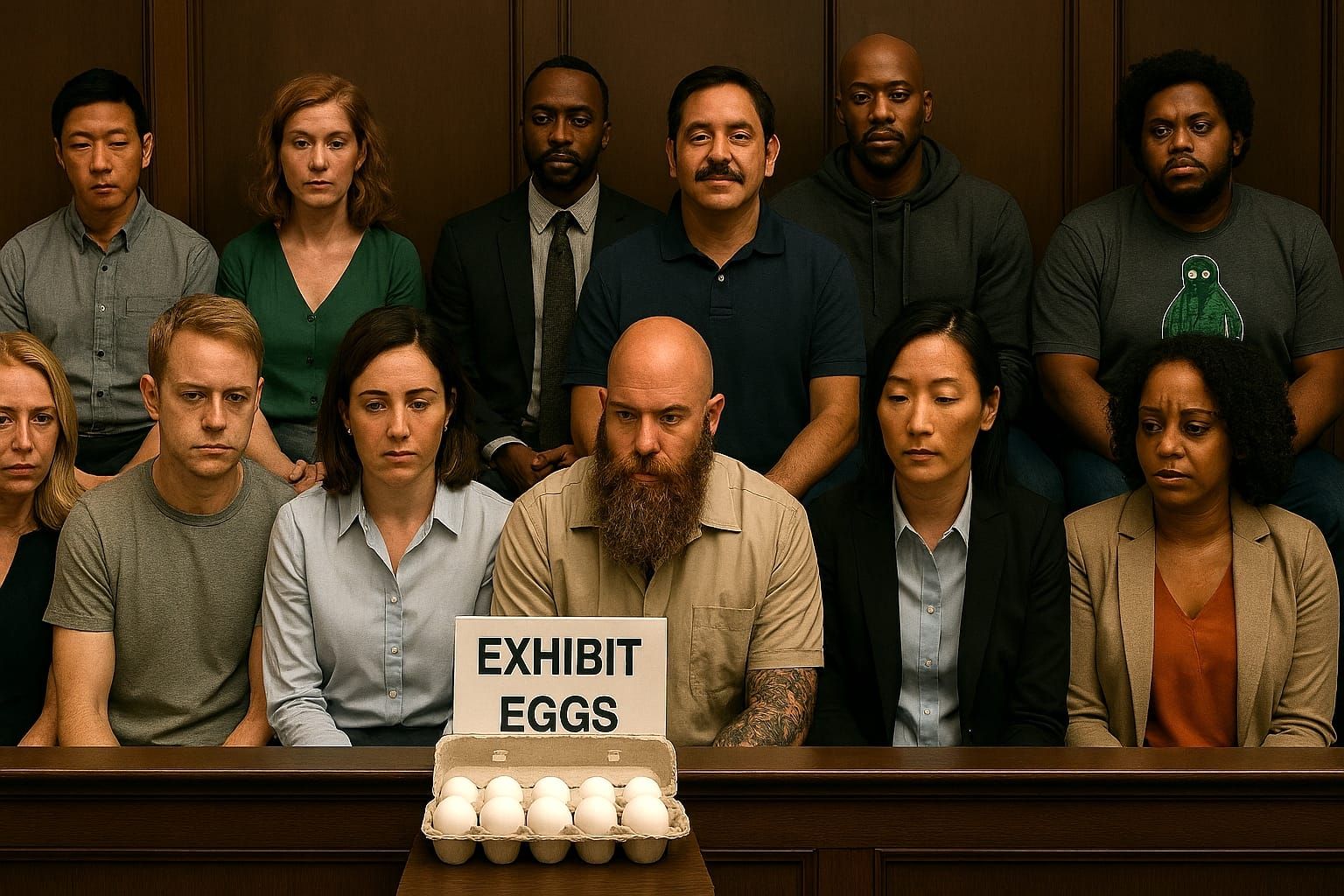 Twelve jurors examining evidence of the short cheated dozen ...