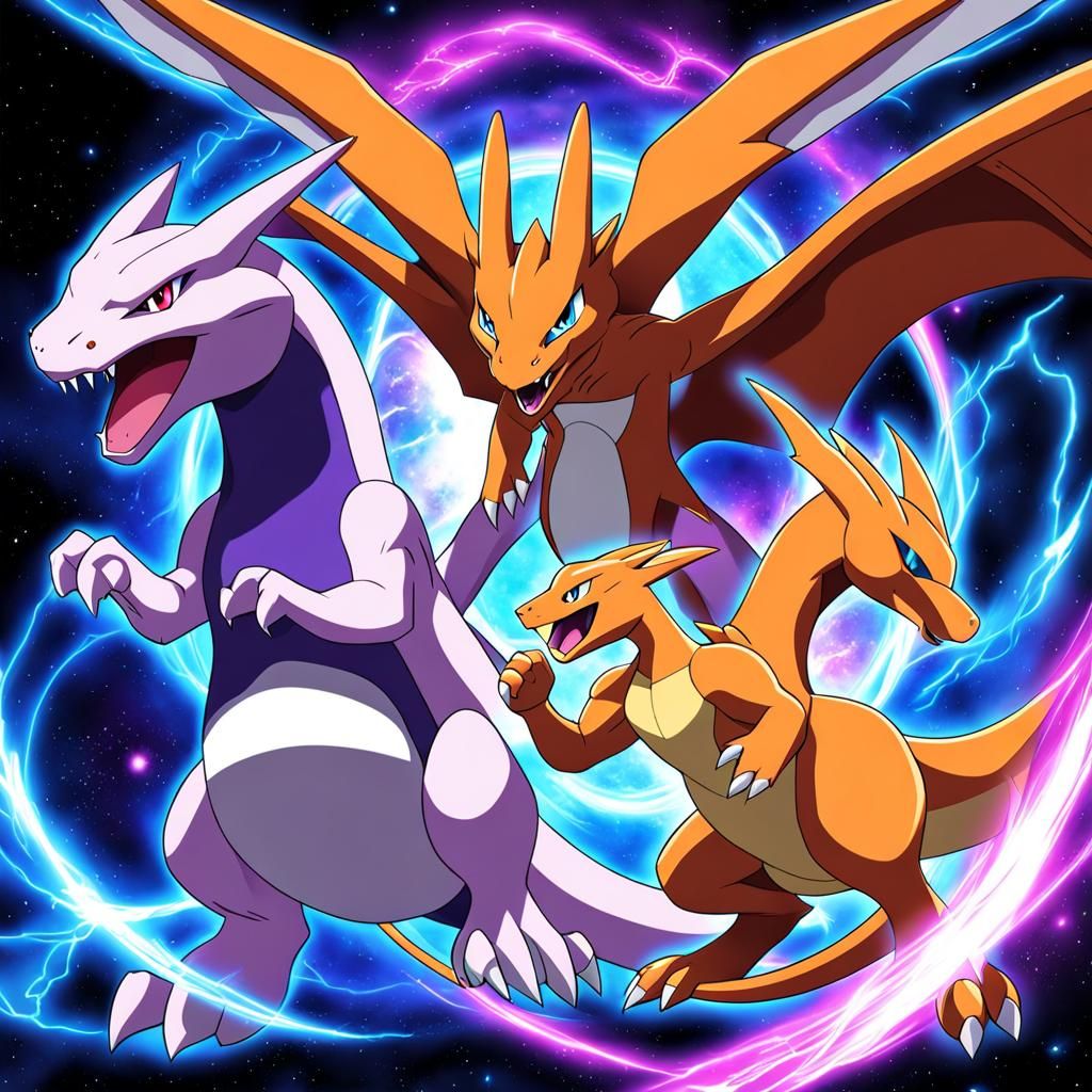 mega evolved Charizard and Mega Evolve Mewtwo X and Y in anime - AI ...