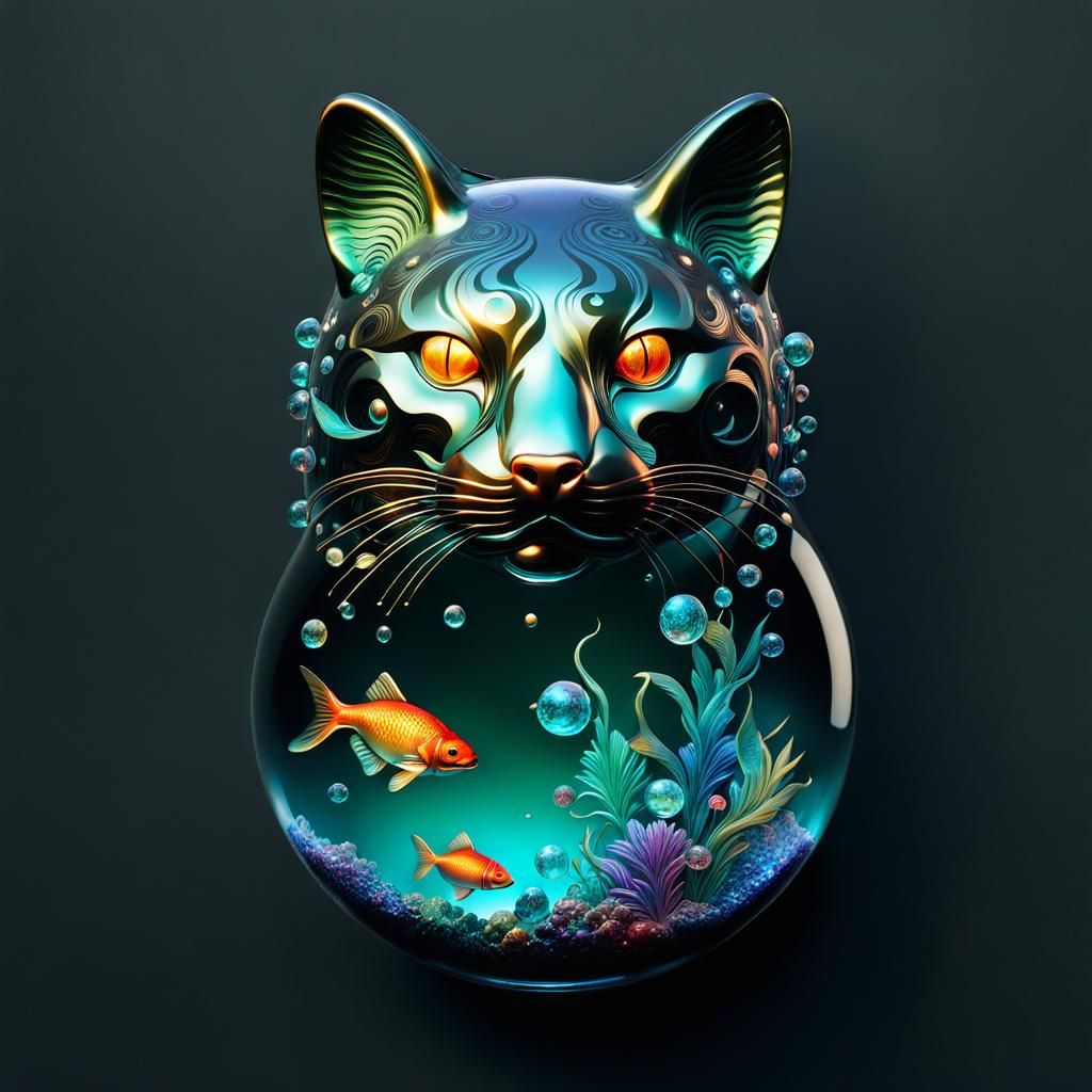 Illuminated Glass Cat Catching Fish: Fantasycore Art