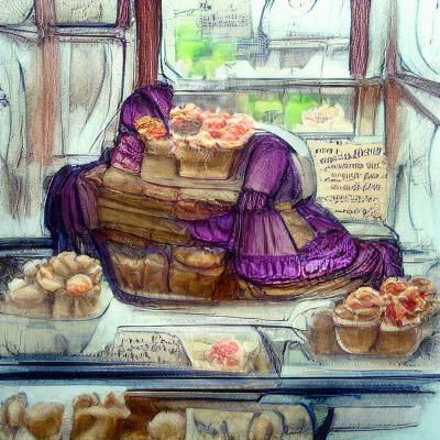 Victorian colored sketch, lush comfortable; Cakes in the Bakery Window