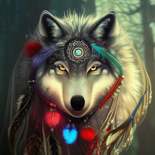 Mythical Wolf with Dream Catcher in Fantasy Art