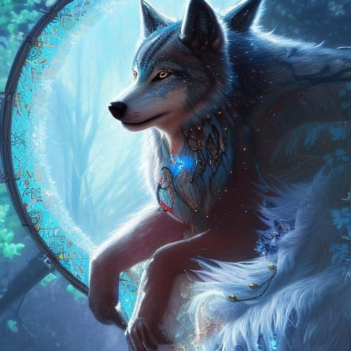 Mythical Wolf with Dream Catcher, Digital Fantasy Art