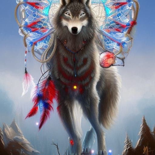 Mythical Wolf with Dreamcatcher: Detailed Fantasy Art