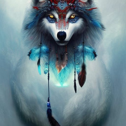 Mythical Wolf with Dream Catcher: Detailed Fantasy Art