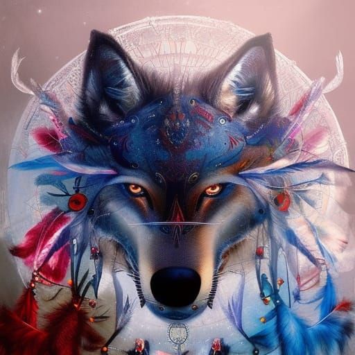 Mythical Wolf with Dreamcatcher: Fantasy Art