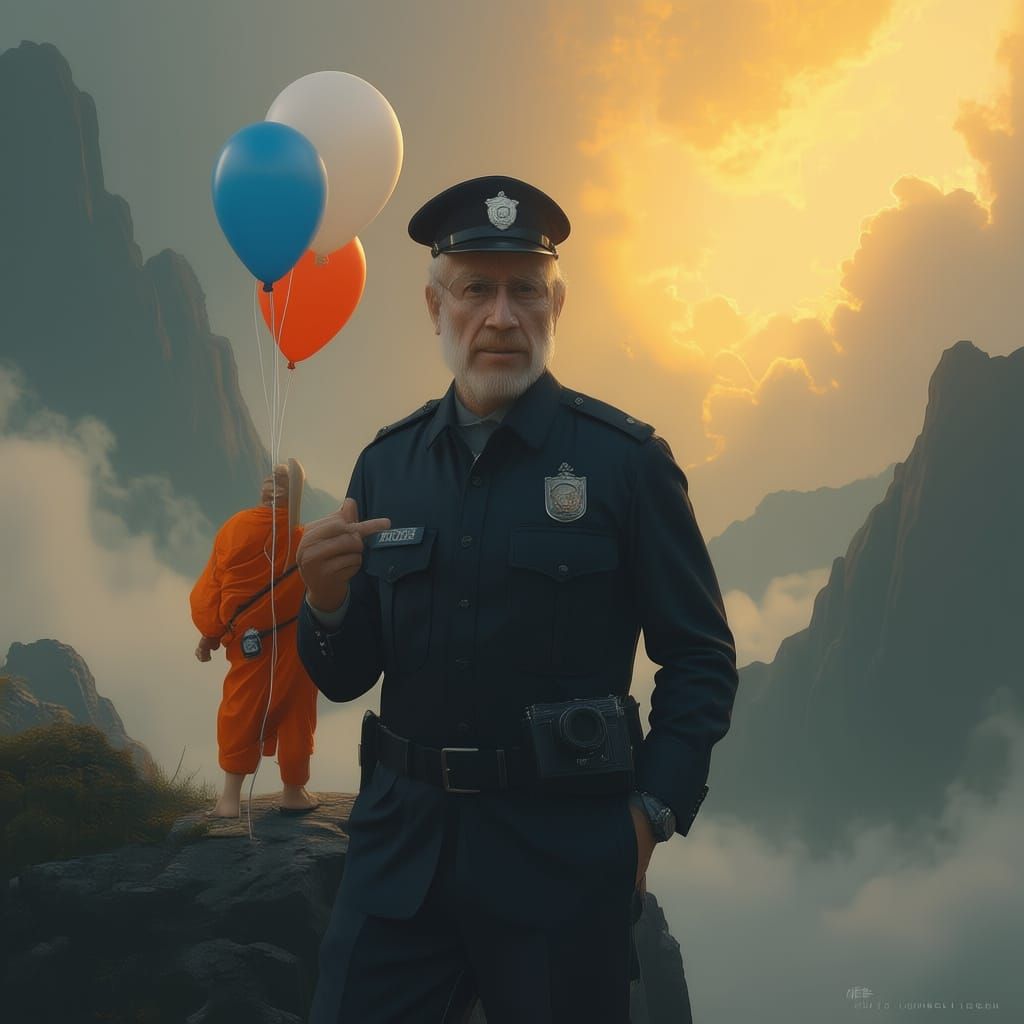 a bright orange budhist monk standing on a mountain with a cannon photographers camera around his neck and a dragon flying through the sky b...