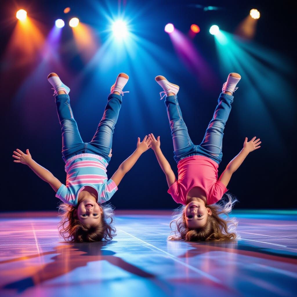 Two Young Children Perform Energetic Cartwheels in a Show