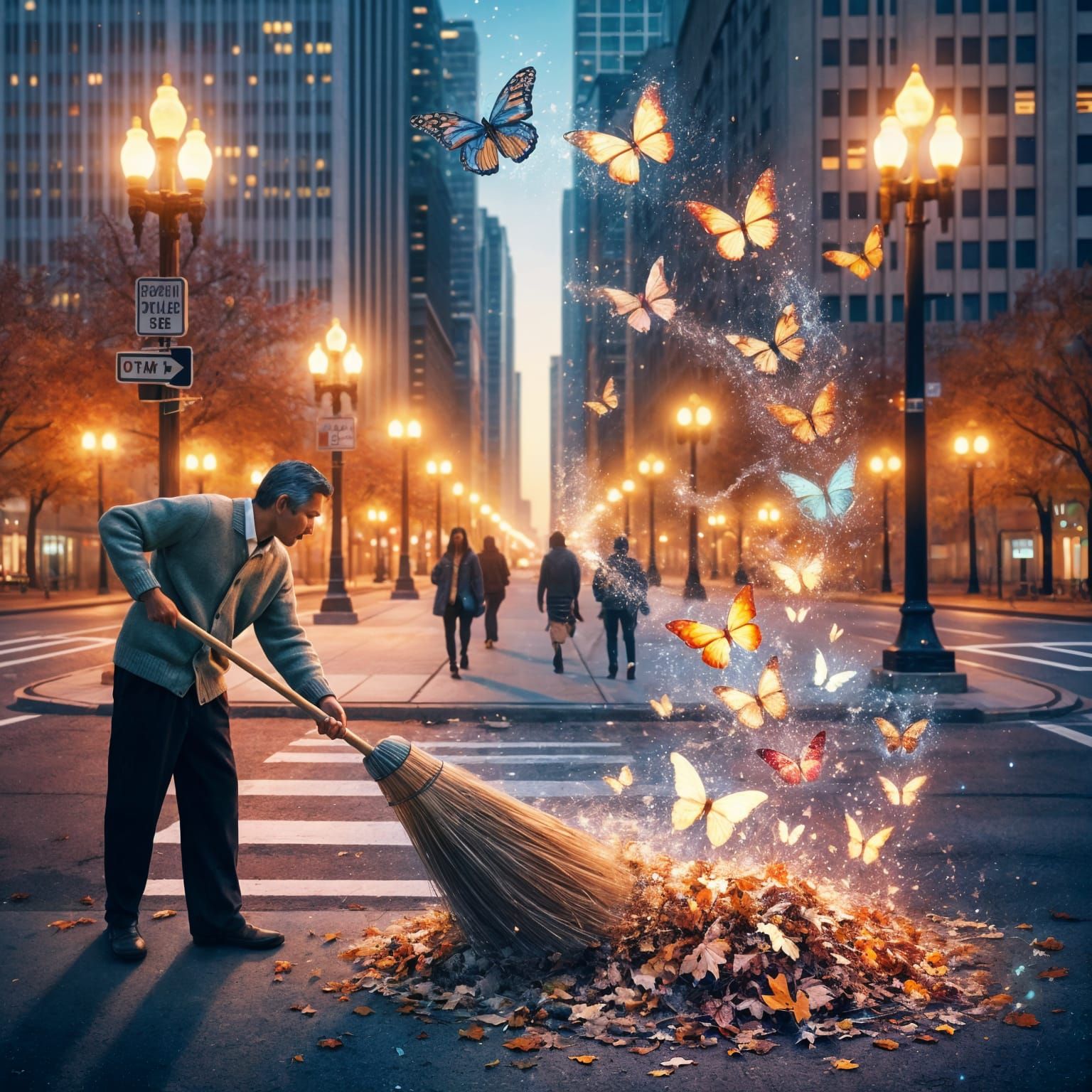 Magically sweeping leaves into butterflies