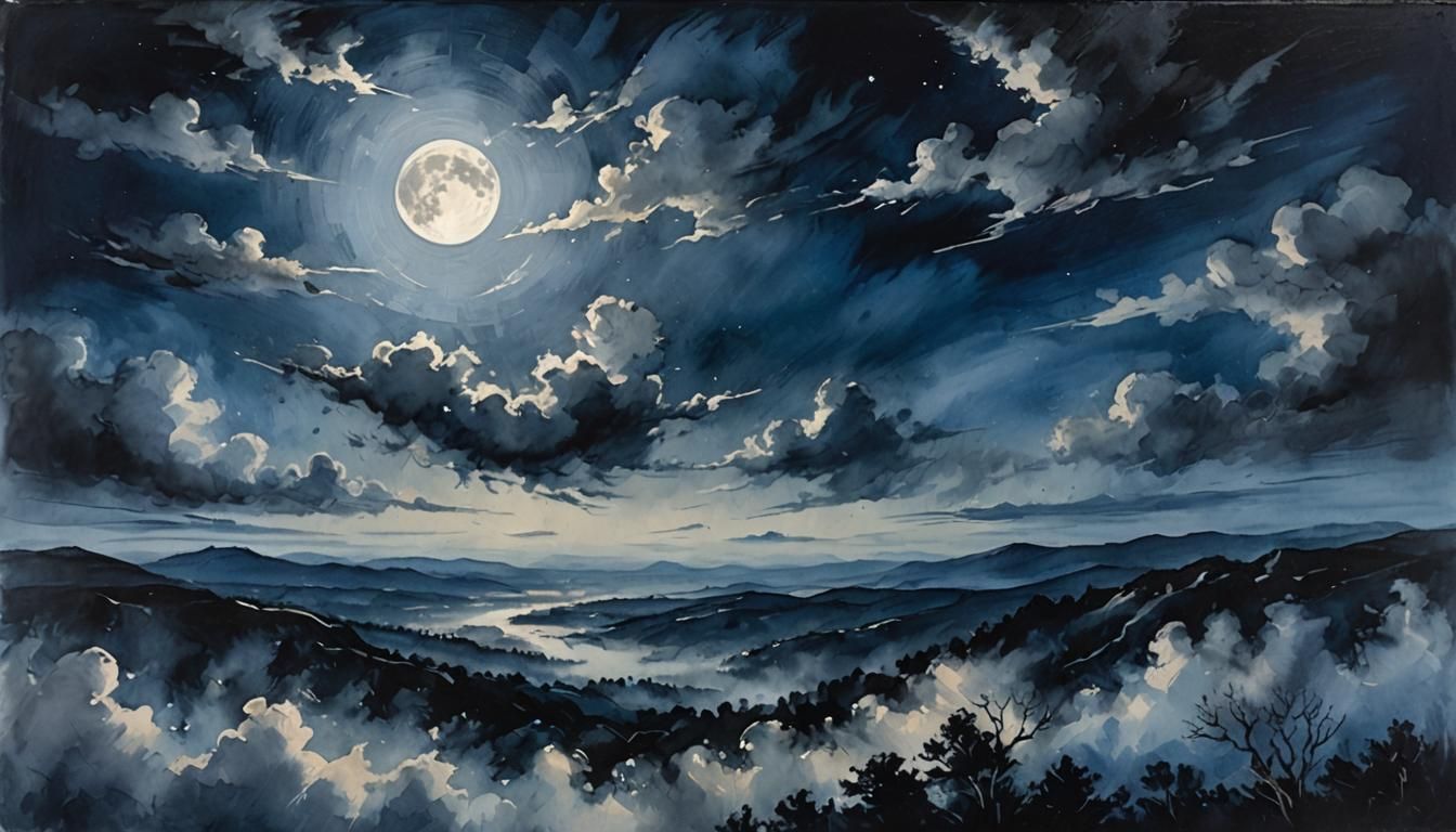 Moonlit Landscape Aerial View in Romantic Style