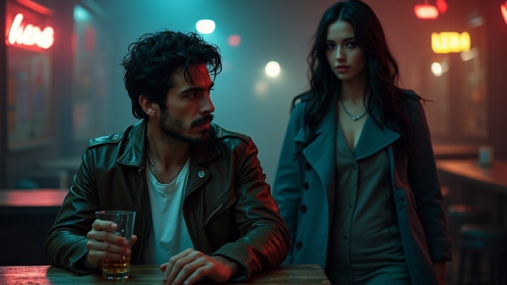 A rugged, handsome man with tousled dark hair, a trimmed stubbly beard, wearing a weathered brown leather jacket over a ...