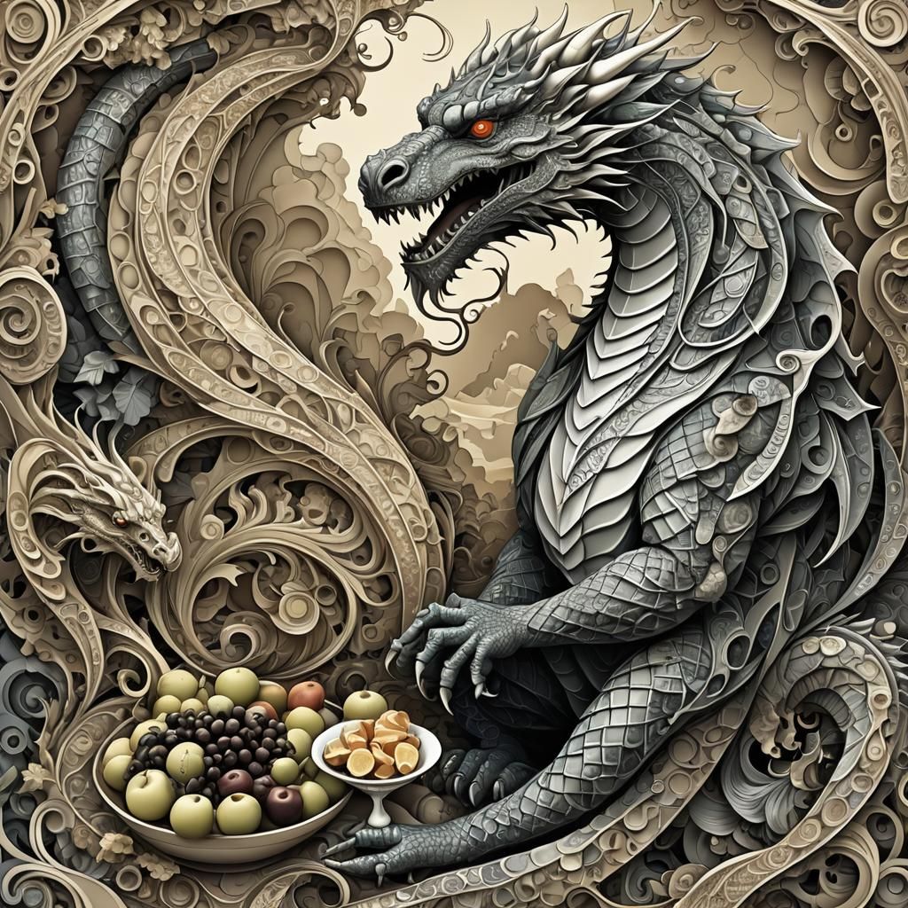 Siegfried and the dragon having lunch abstract vector fracta...