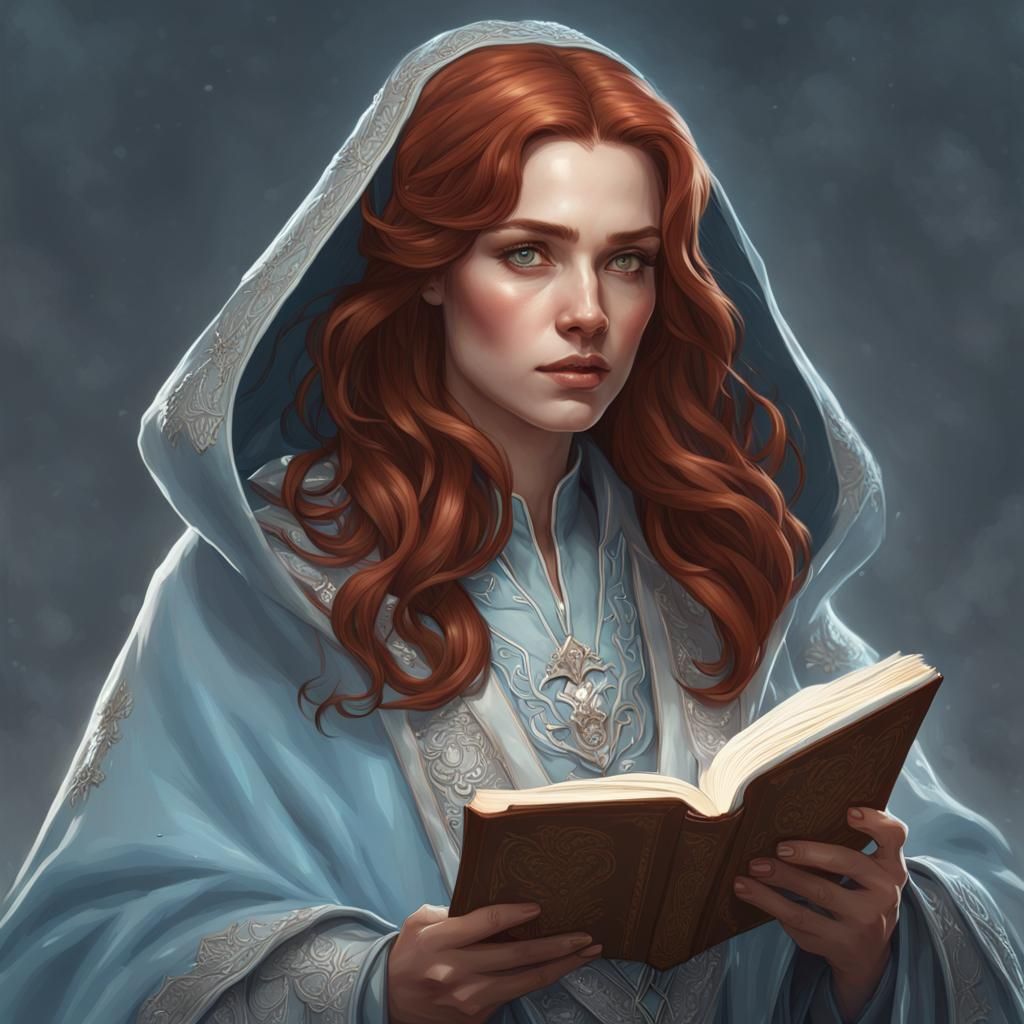 woman with auburn hair wearing a light blue cloak with silve...