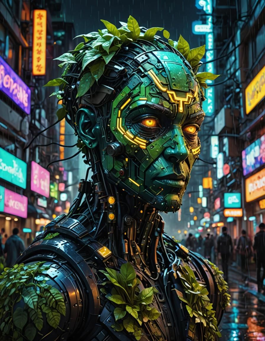 a mutant person made of plants and integrated circuits in a futuristic ...