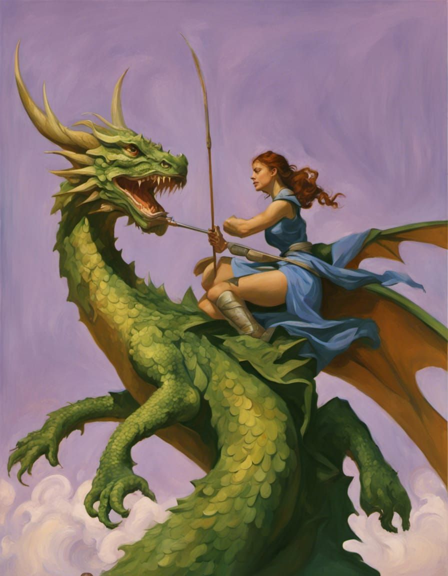 Dragon & warrior woman oil paint exact detail photo illustra...