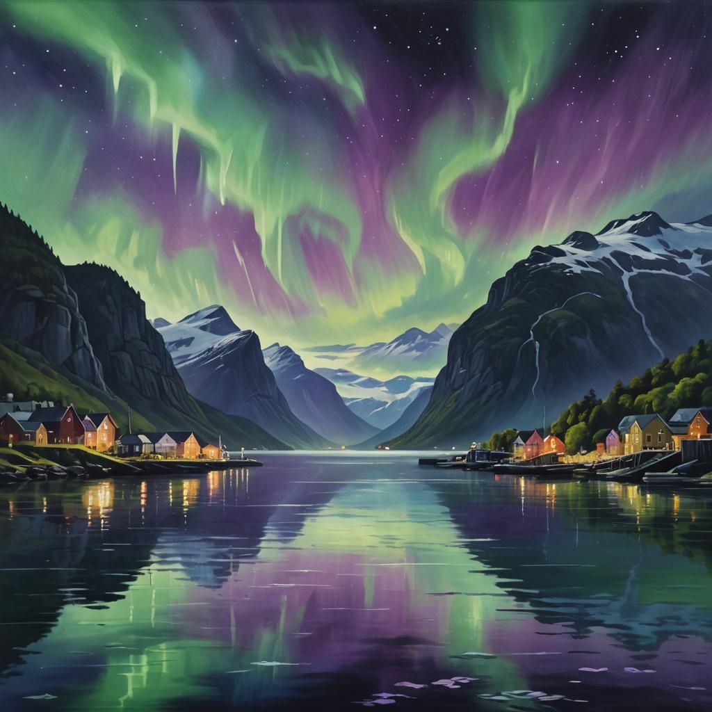 fjord at night, harbour, aurora purple and green