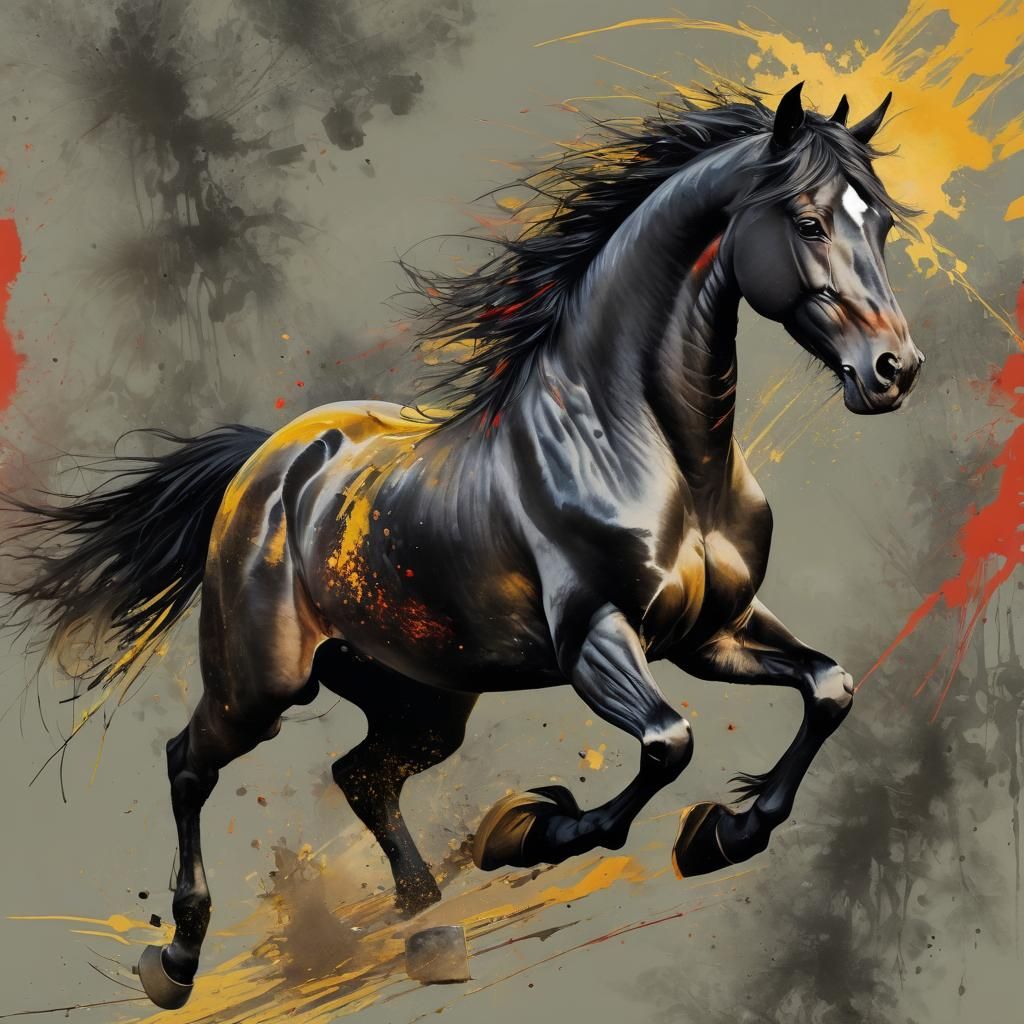 Galloping black horse, painting
