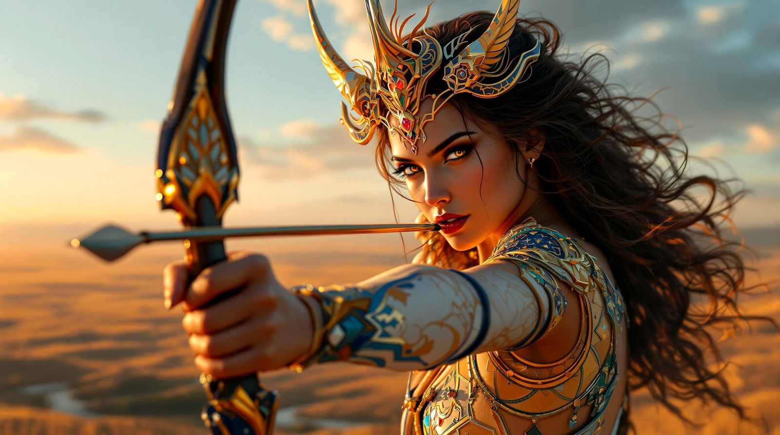 "**Sagittarius:** A valiant woman with a bow and arrow, centaur-like lower body, and a backdrop of expansive open plains...