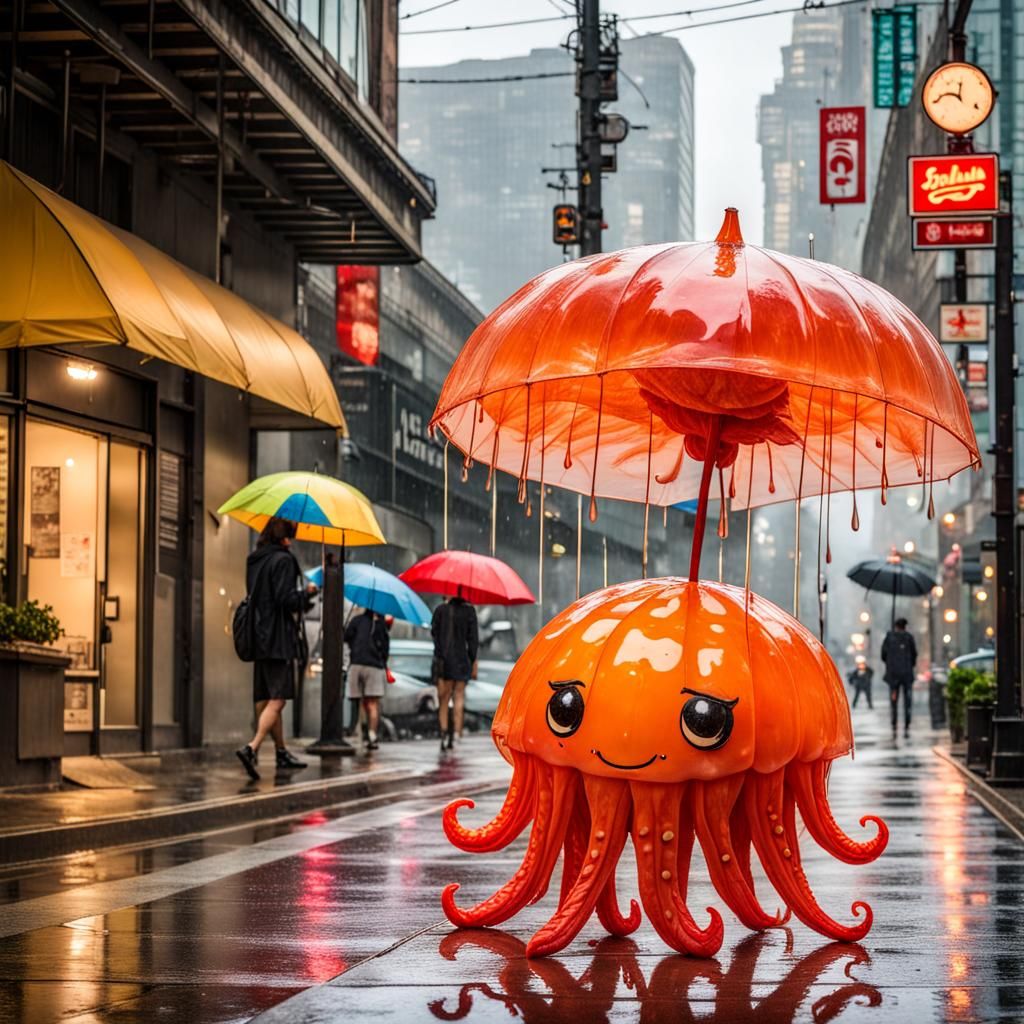 Chili jellyfish holding umbrella in the rain AI Generated Artwork