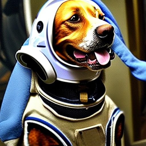 dog wearing a space suit on an alien planet