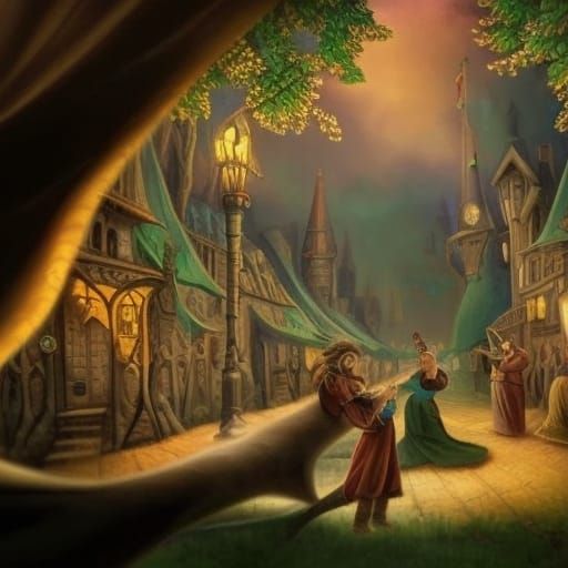 The Pied Piper of Hamelin, long line of mice following him w...
