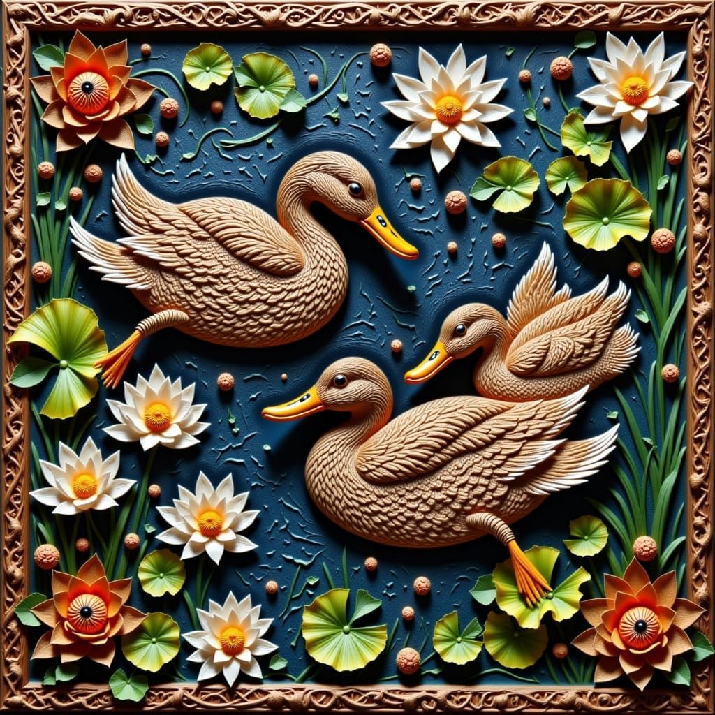 <lora:Lace:1.0> ducks swim in a pond with water lilies, lace art, 3D, strong contrast, volume, perfect composition, masterpiece, aesthetics,...