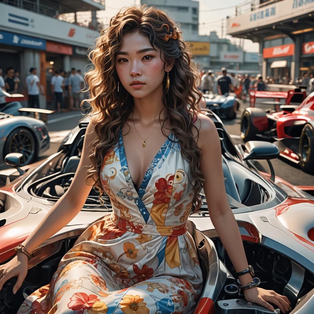 tall curvy Japanese female curly long hair wearing sundress ...