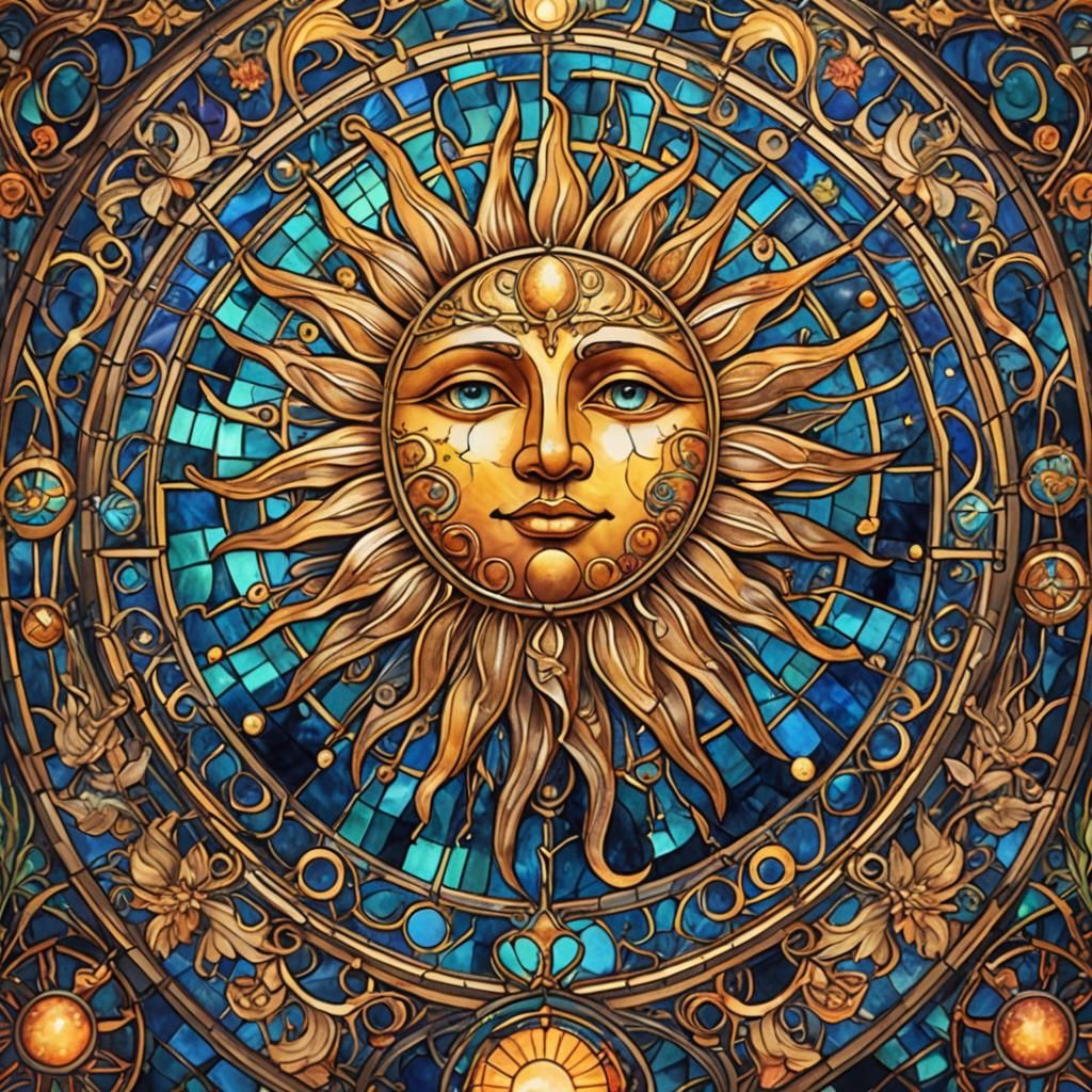 Art nouveau stained glass sun and moon