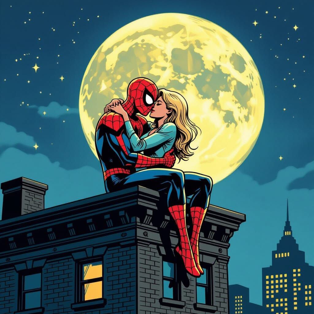 Designs of spiderman hugging gwen stacy's waist  atop the ledge of a building singing treble in rhyme retro comic art