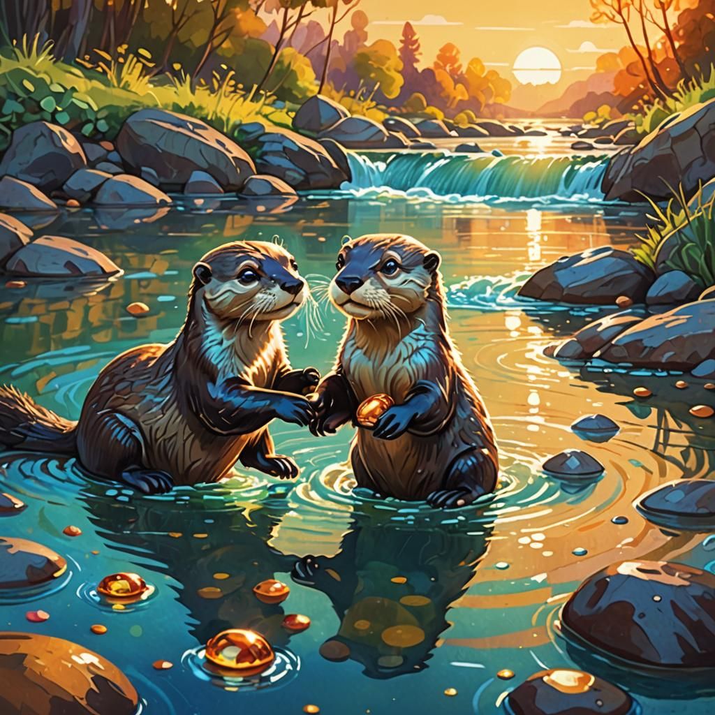 Two playful otters frolicking in a sparkling river under the golden rays of the setting sun. One otter ...  by @undefined